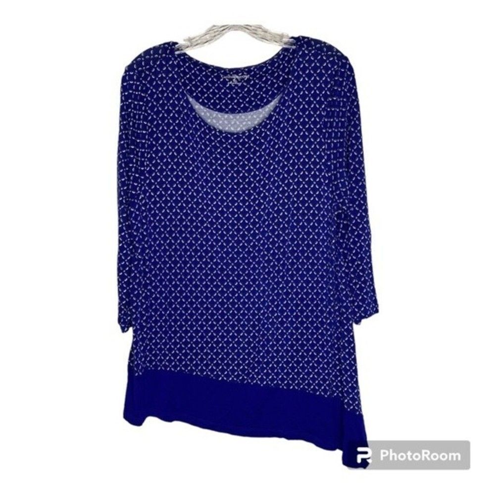 Croft & Barrow Blue Floral Stretch 3/4 Sleeve Asymmetrical Hem Tunic XL